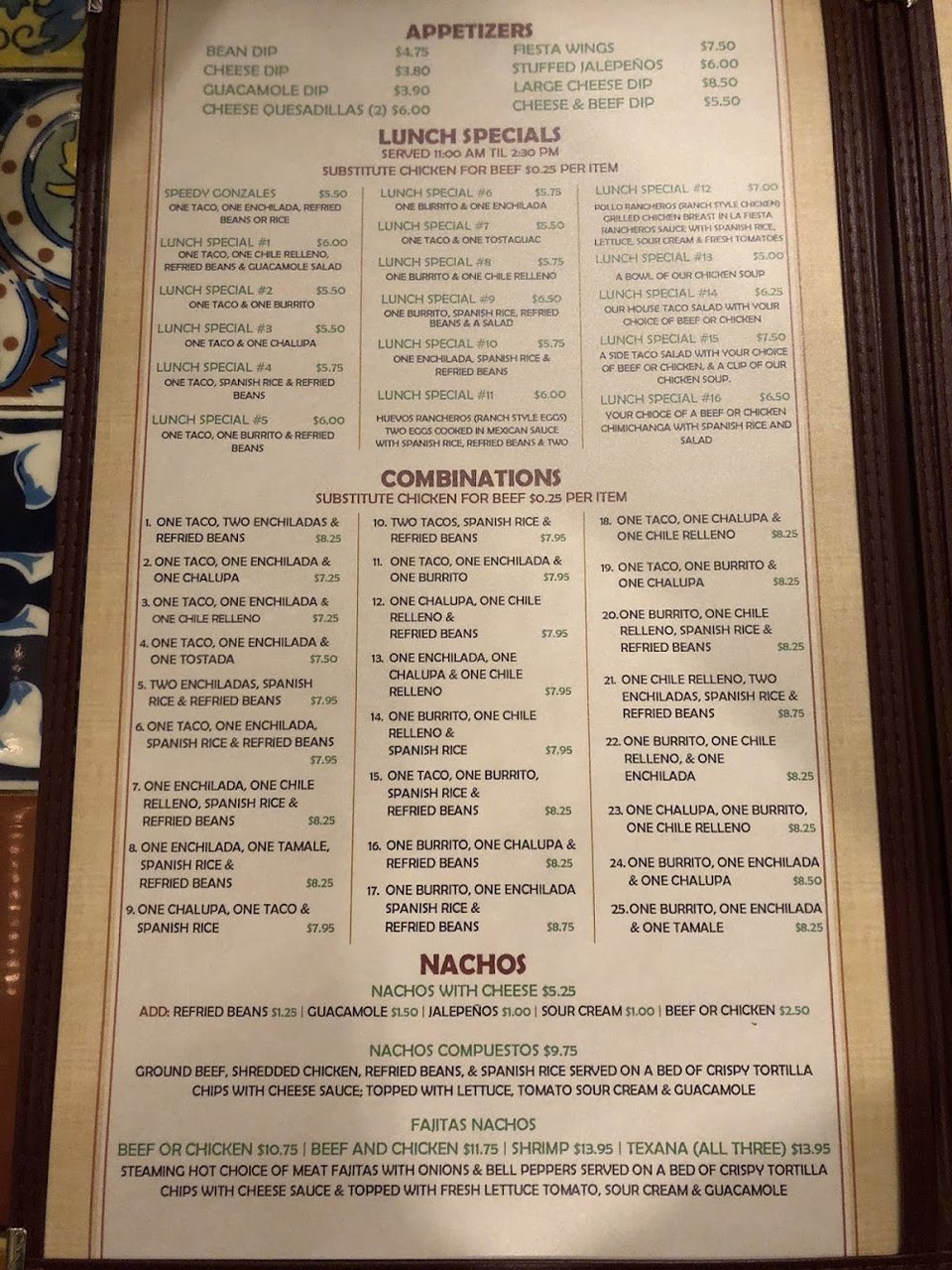 Printed menu with appetizers and lunch specials.